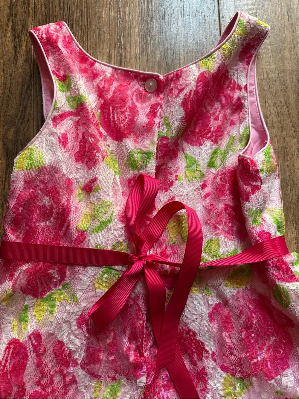 Youngland pink floral dress with red tie, rose and tulle layered skirt Kids 6y